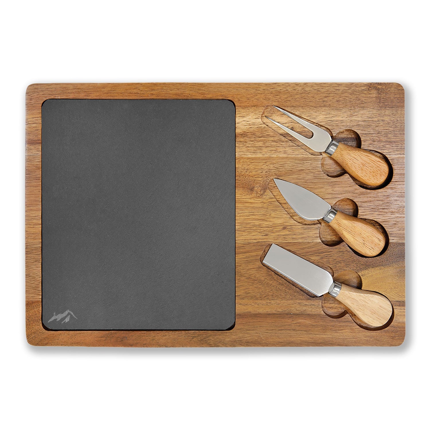 Engraved Acacia Charcuterie Board with Slate Insert — Crimson Heights Cheese Serving Set
